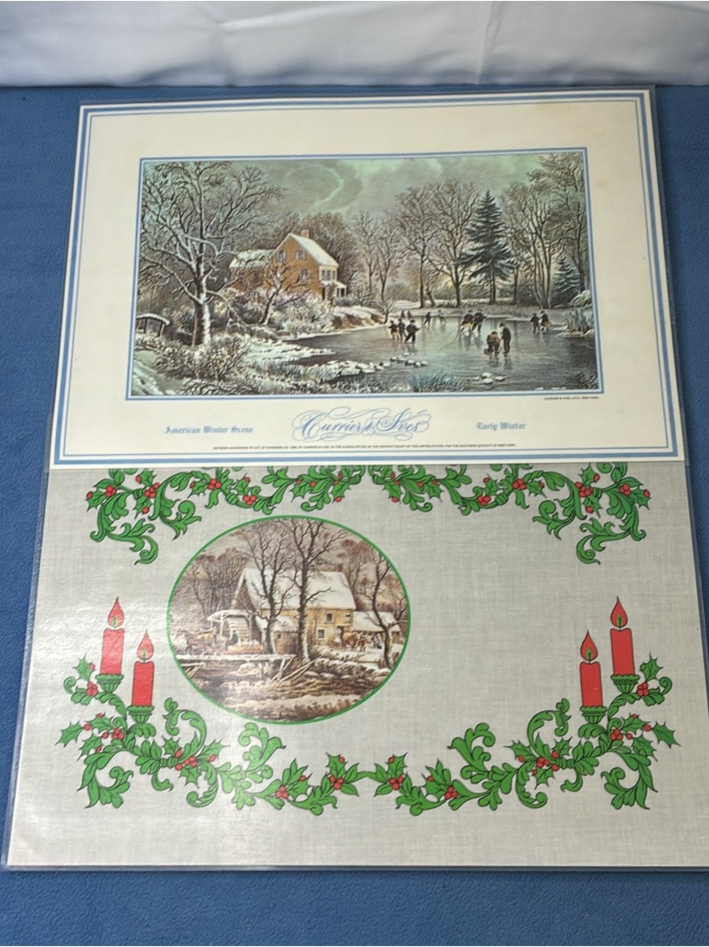 Currier & Ives American Winter Scene Reversible Placemats- Green & Red Set of 6